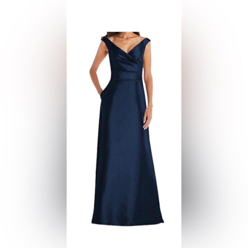 Alfred Sung dress D811s off the shoulder draped wrap satin maxi blue size 12